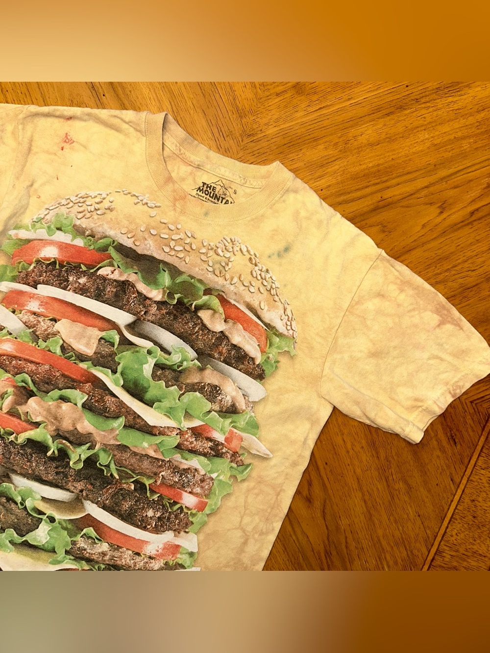 The Mountain Burger TShirt Size Small Brown Tie Dye Hamburger Cheeseburger Tee